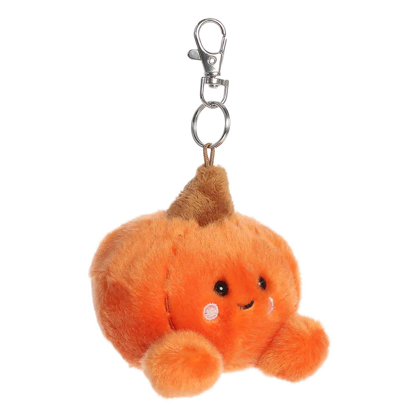Palm Pals Paisley Pumpkin 4-inch plush clip-on featuring soft orange fur, brown plush stem, rosy cheeks, and a silver keychain clip.