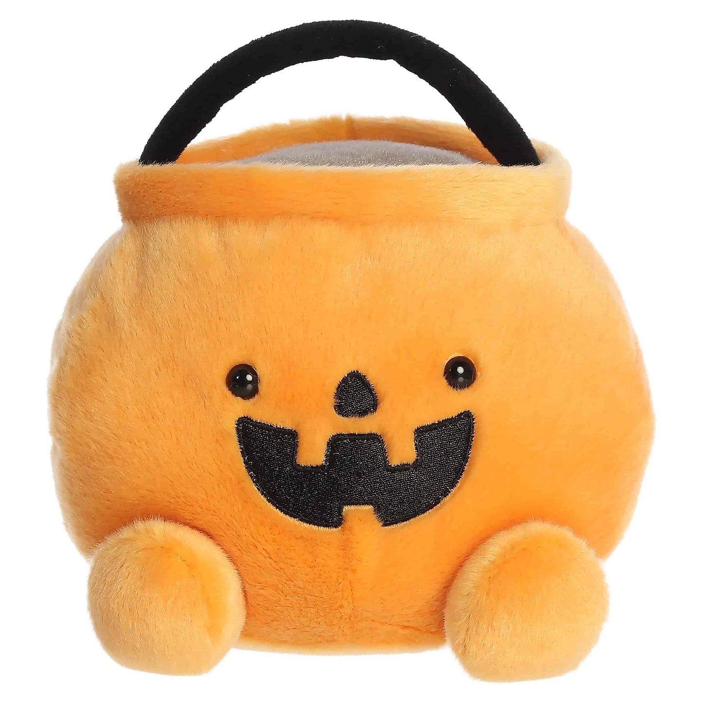Palm Pals Party Sized Bucky Candy Bucket 7-inch orange plush featuring an embroidered jack-o'-lantern face and black handle.