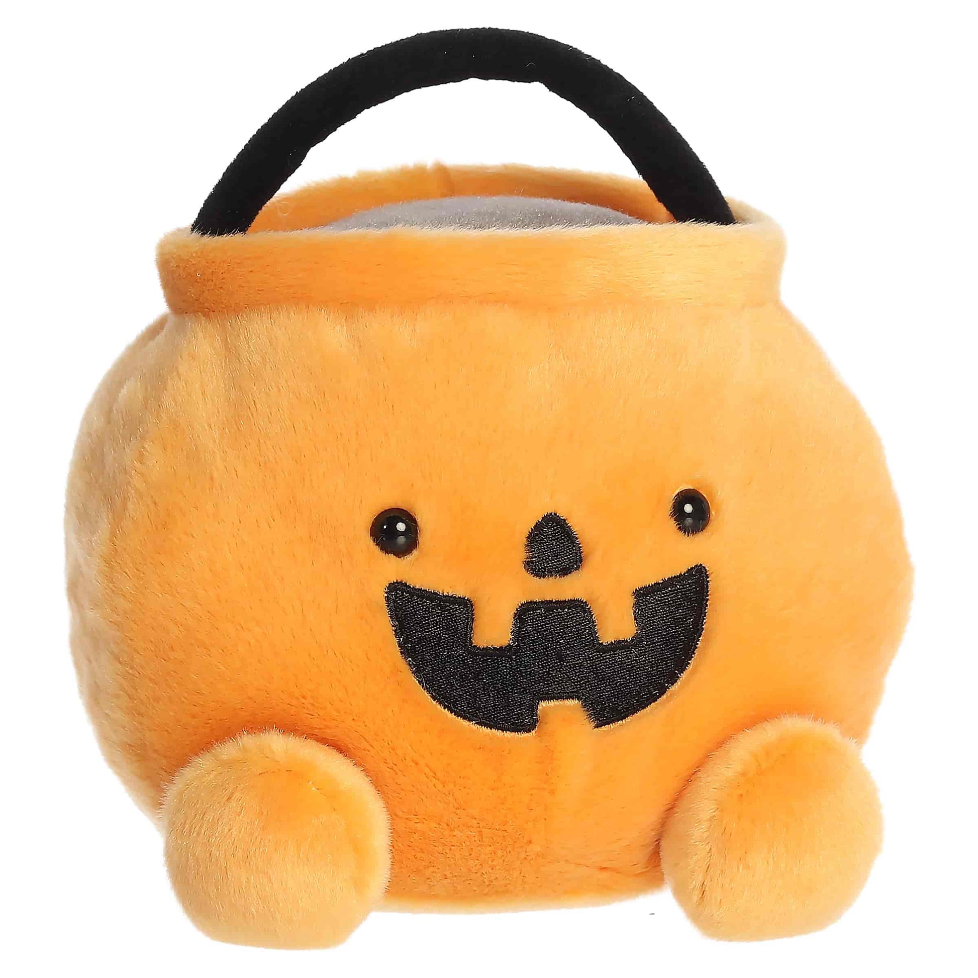 Palm Pals Party Sized Bucky Candy Bucket 7-inch orange plush featuring an embroidered jack-o'-lantern face and black handle.