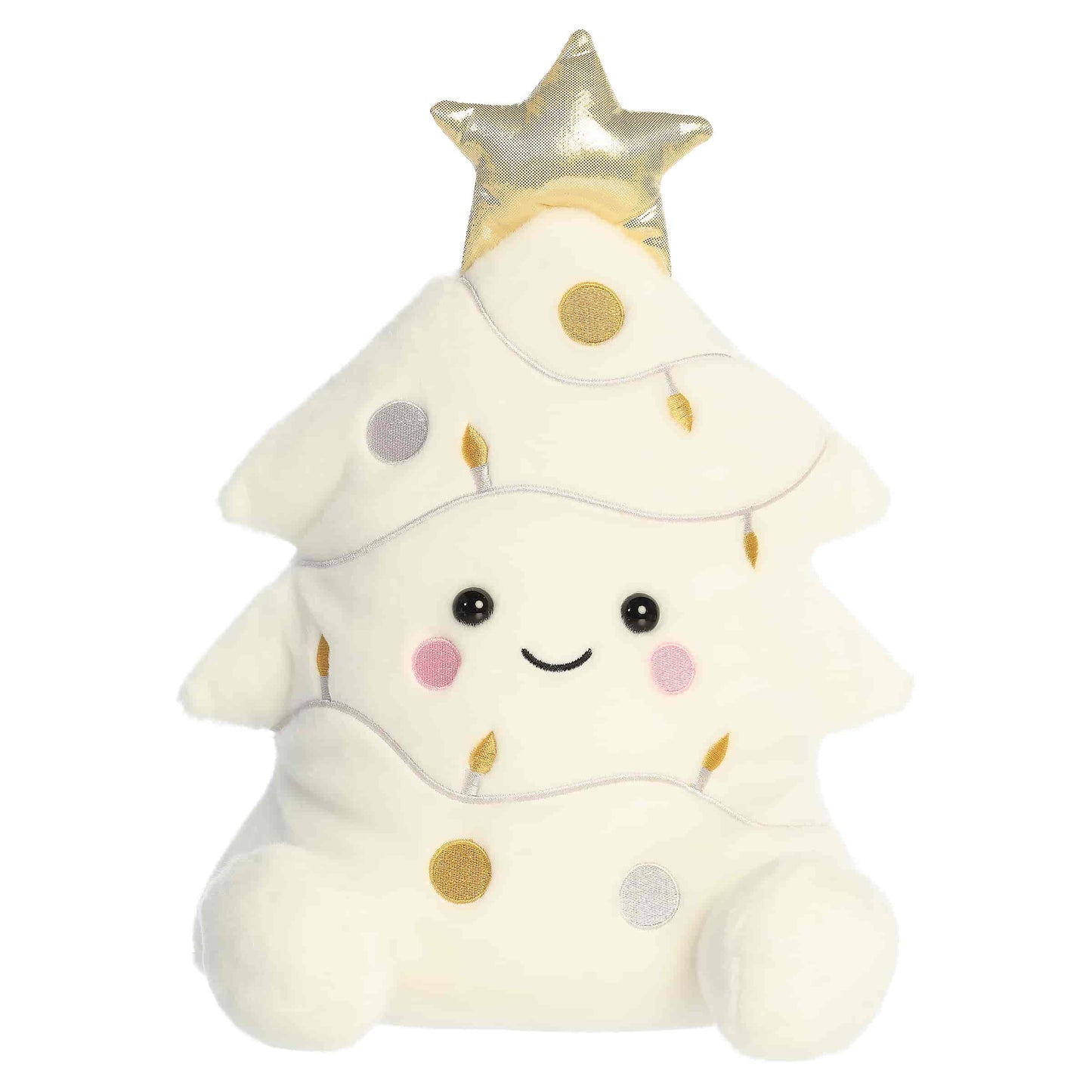Party Sized Palm Pals Felicia Christmas Tree plush featuring snowy white fur, a shiny gold star topper, and metallic silver and gold ornament details.
