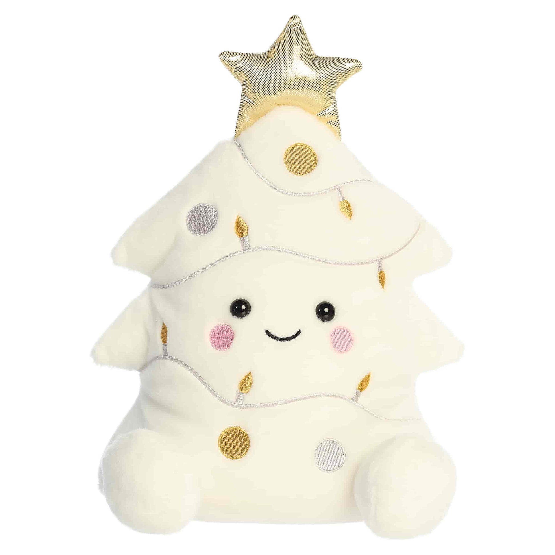 Party Sized Palm Pals Felicia Christmas Tree plush featuring snowy white fur, a shiny gold star topper, and metallic silver and gold ornament details.