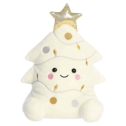 Party Sized Palm Pals Felicia Christmas Tree plush featuring snowy white fur, a shiny gold star topper, and metallic silver and gold ornament details.