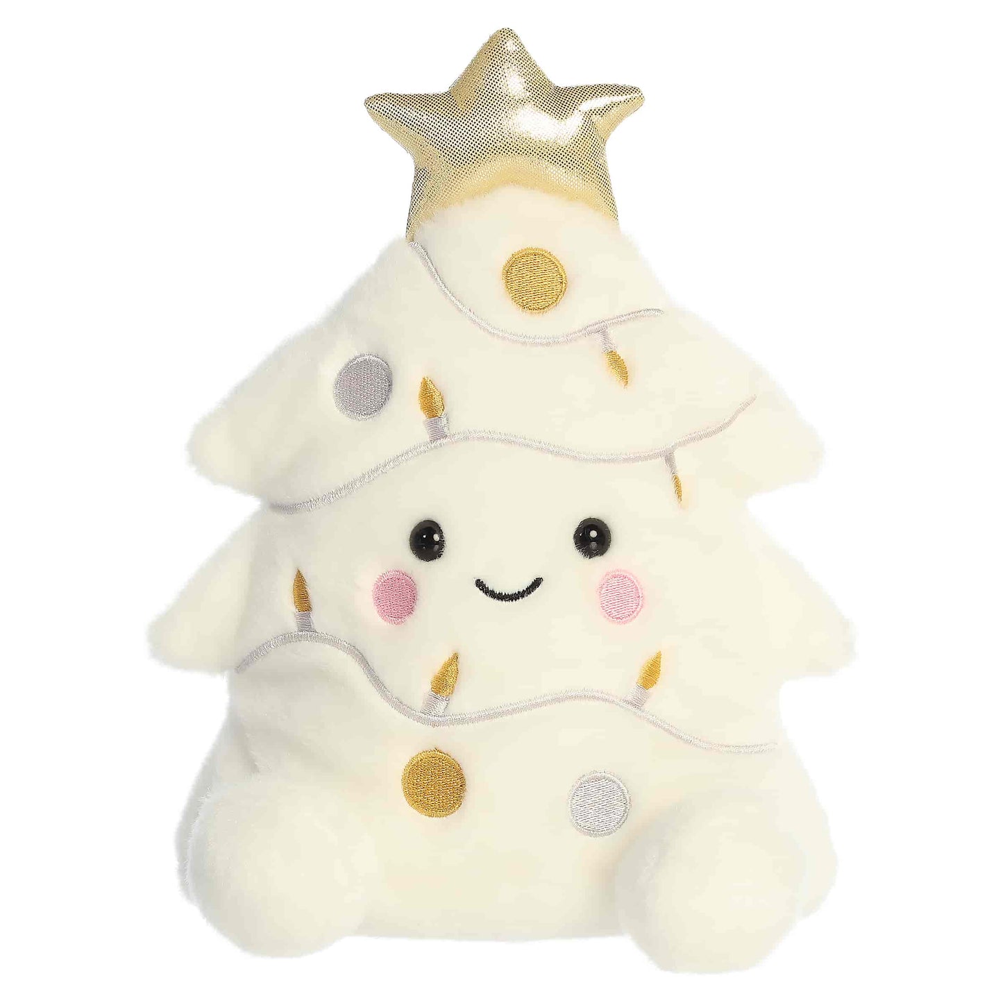 Party Sized Palm Pals Felicia Christmas Tree plush featuring snowy white fur, a shiny gold star topper, and metallic silver and gold ornament details.