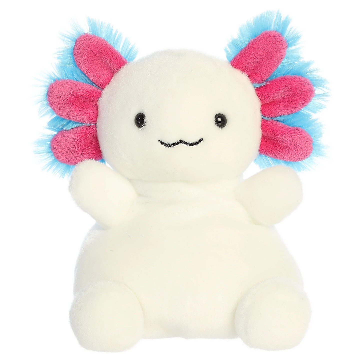 Palm Pals Party-Sized Jax Bluegill Axolotl plush toy with snowy white fur and vibrant magenta and blue gill frills
