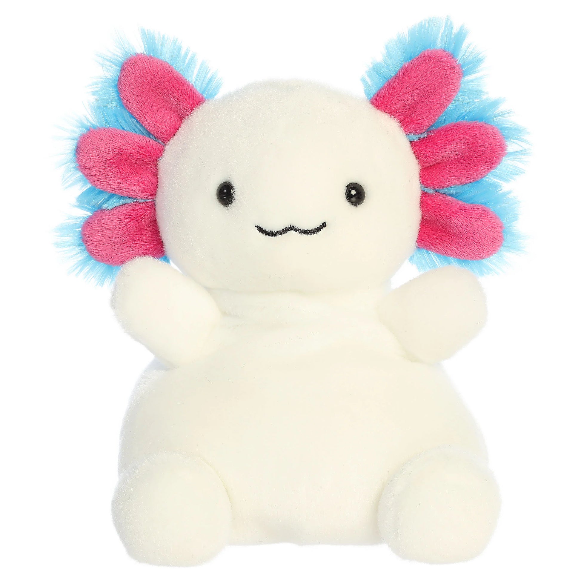 Palm Pals Party-Sized Jax Bluegill Axolotl plush toy with snowy white fur and vibrant magenta and blue gill frills