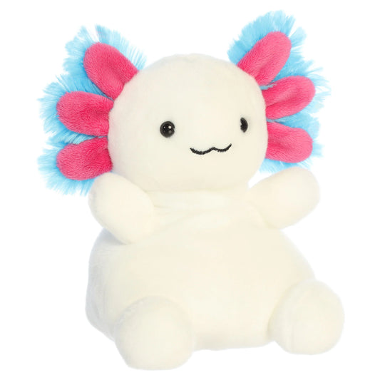 Palm Pals Party-Sized Jax Bluegill Axolotl plush toy with snowy white fur and vibrant magenta and blue gill frills
