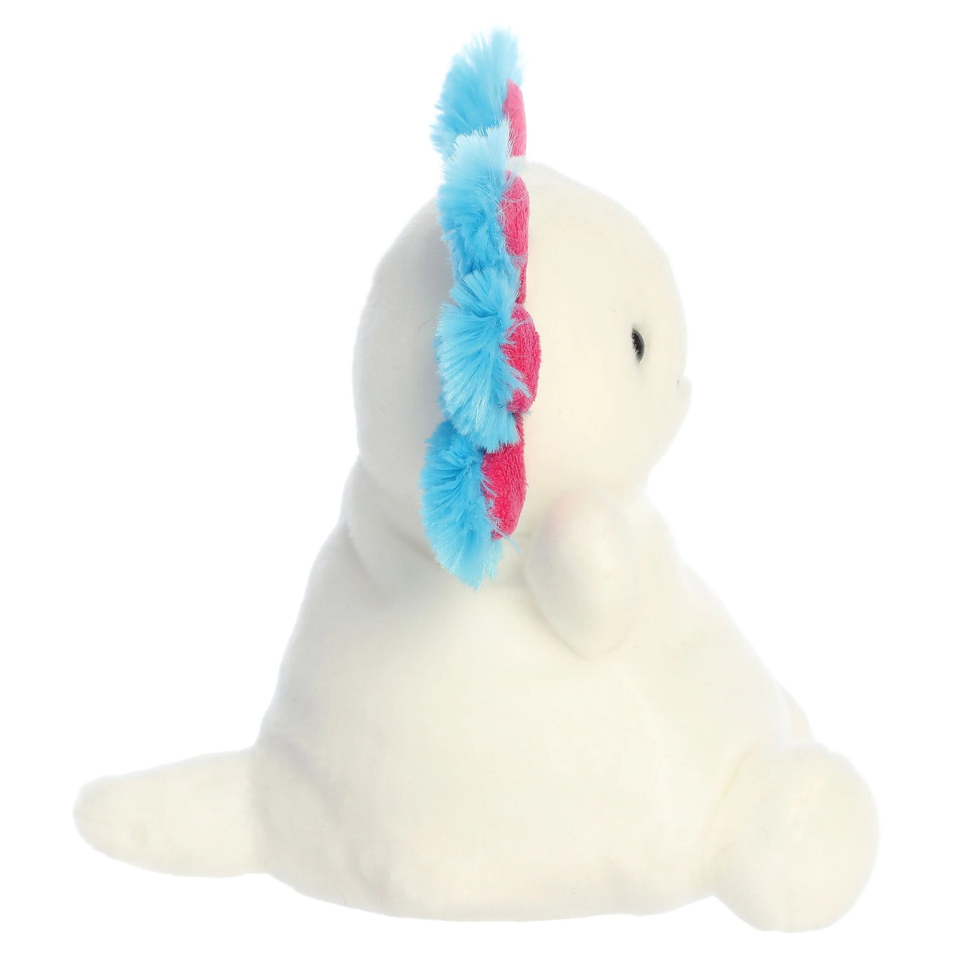 Palm Pals Party-Sized Jax Bluegill Axolotl plush toy with snowy white fur and vibrant magenta and blue gill frills