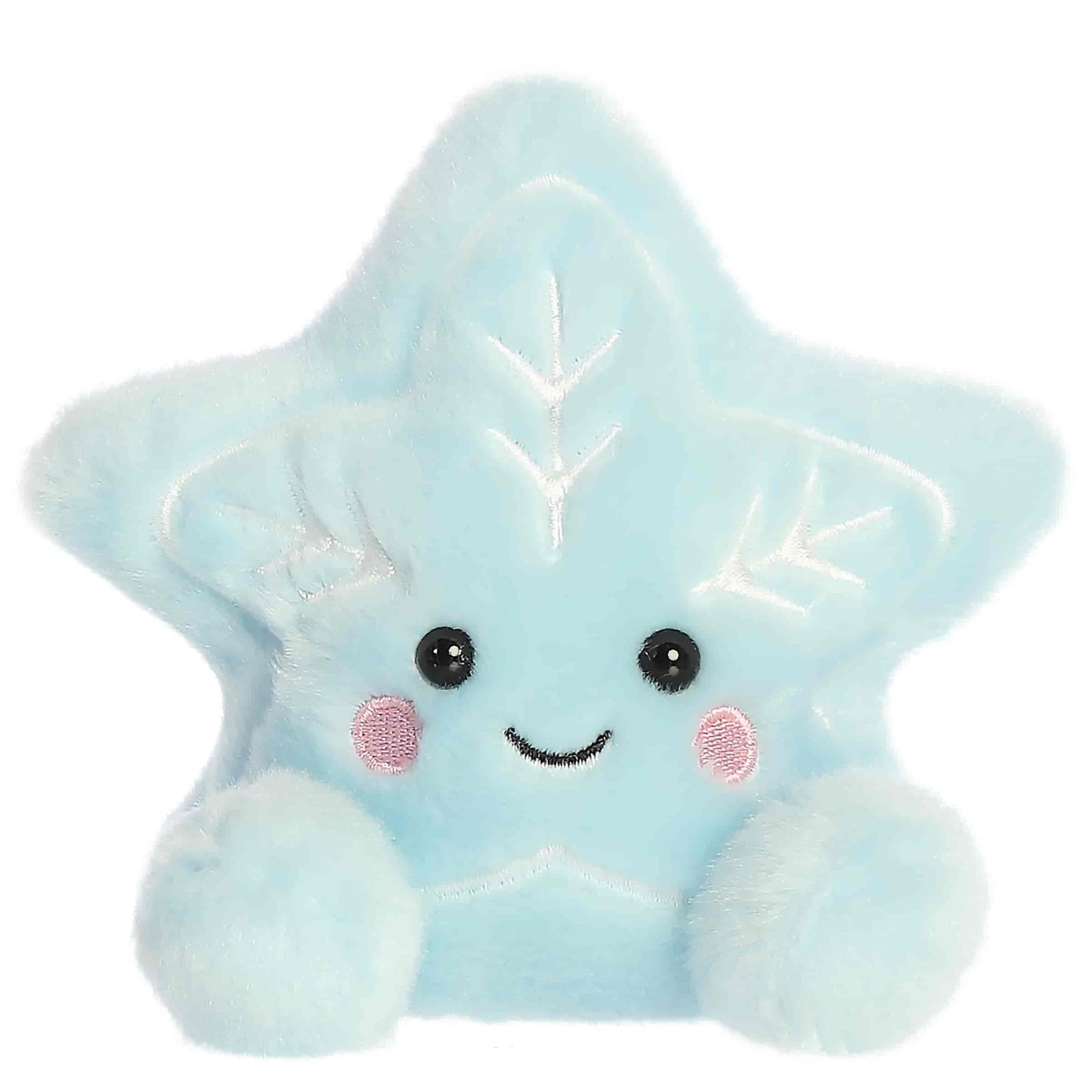 Party Sized Palm Pals Lumi Snow Star plush featuring soft light blue fur, embroidered white snowflake details, and rosy pink cheeks.