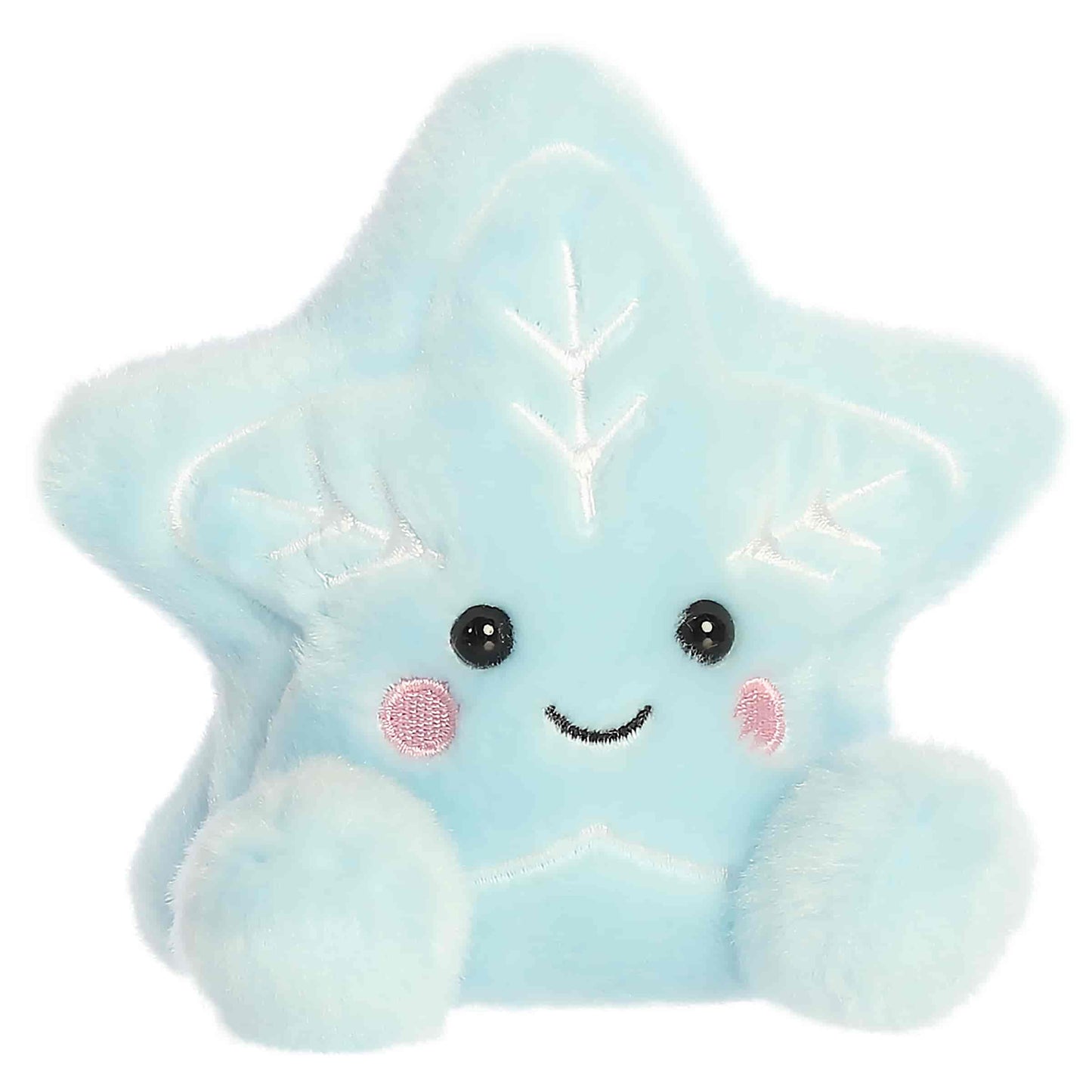Party Sized Palm Pals Lumi Snow Star plush featuring soft light blue fur, embroidered white snowflake details, and rosy pink cheeks.