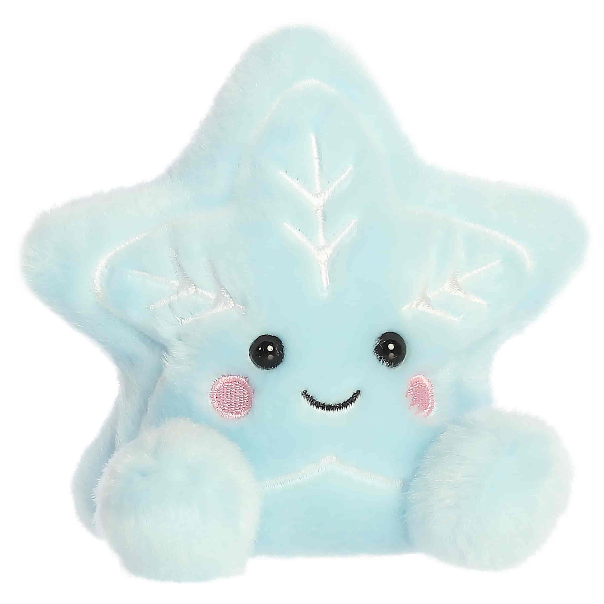 Party Sized Palm Pals Lumi Snow Star plush featuring soft light blue fur, embroidered white snowflake details, and rosy pink cheeks.