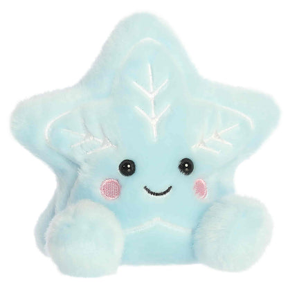 Party Sized Palm Pals Lumi Snow Star plush featuring soft light blue fur, embroidered white snowflake details, and rosy pink cheeks.