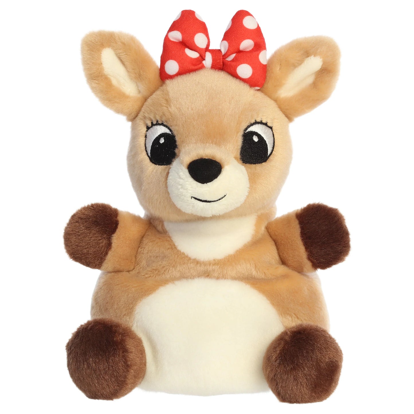 Palm Pals Party Sized Clarice character plush toy from Rudolph the Red-Nosed Reindeer with a red polka dot bow.