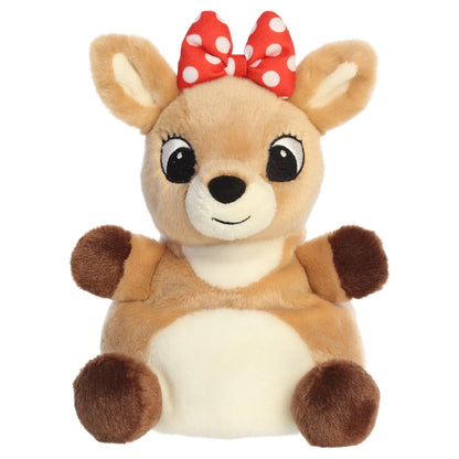 Palm Pals Party Sized Clarice character plush toy from Rudolph the Red-Nosed Reindeer with a red polka dot bow.
