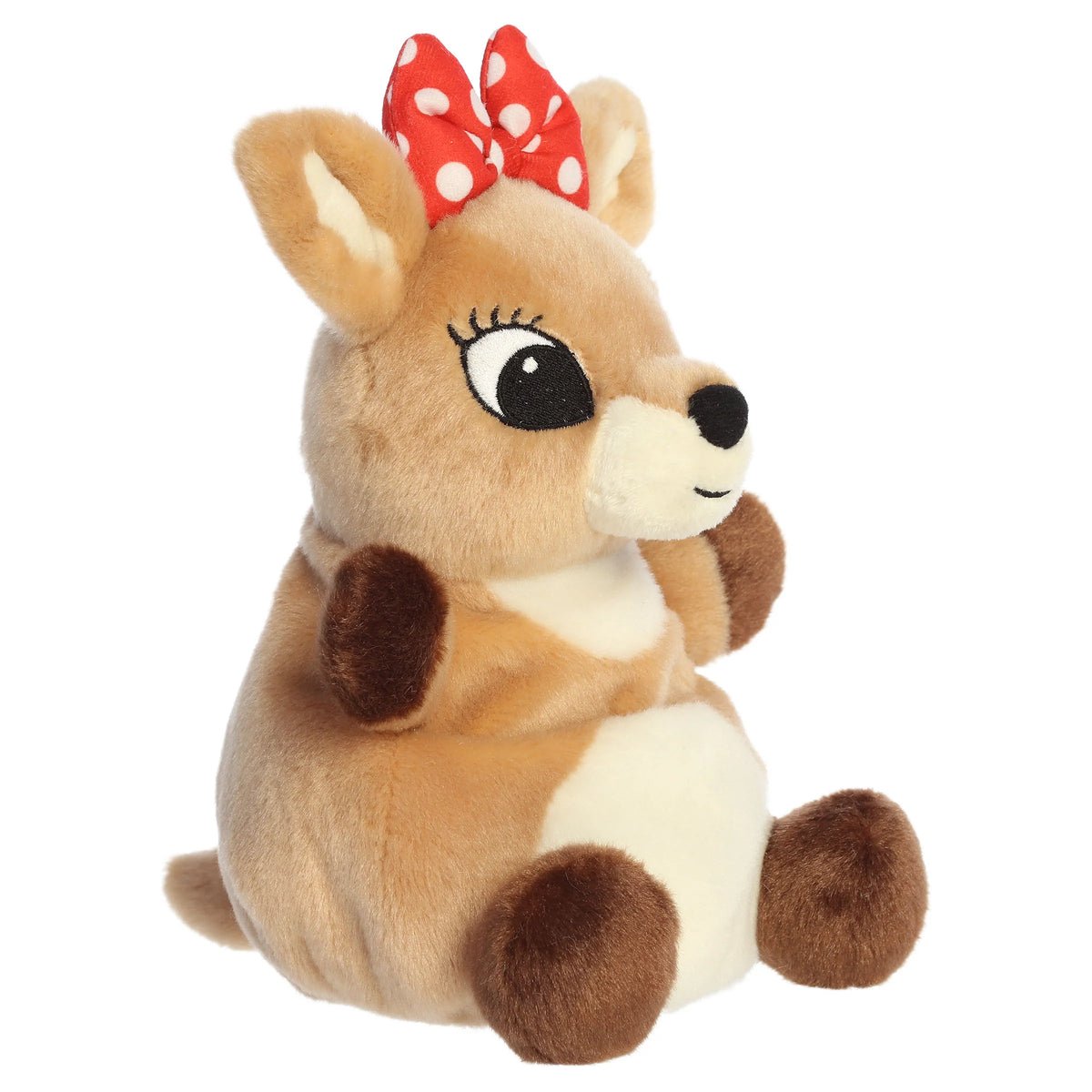 Palm Pals Party Sized Clarice character plush toy from Rudolph the Red-Nosed Reindeer with a red polka dot bow.