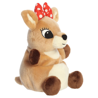 Palm Pals Party Sized Clarice character plush toy from Rudolph the Red-Nosed Reindeer with a red polka dot bow.