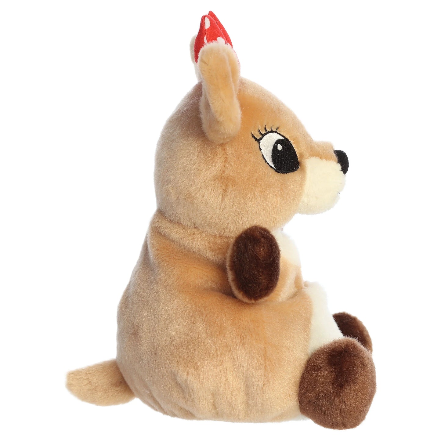 Palm Pals Party Sized Clarice character plush toy from Rudolph the Red-Nosed Reindeer with a red polka dot bow.