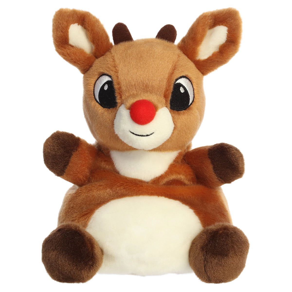 Palm Pals Party Sized Rudolph character plush toy from Rudolph the Red-Nosed Reindeer sitting down with a bright red nose.
