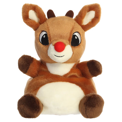Palm Pals Party Sized Rudolph character plush toy from Rudolph the Red-Nosed Reindeer sitting down with a bright red nose.