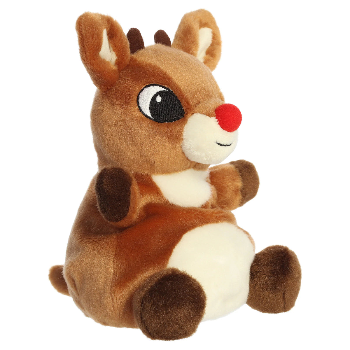 Palm Pals Party Sized Rudolph character plush toy from Rudolph the Red-Nosed Reindeer sitting down with a bright red nose.