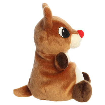 Palm Pals Party Sized Rudolph character plush toy from Rudolph the Red-Nosed Reindeer sitting down with a bright red nose.