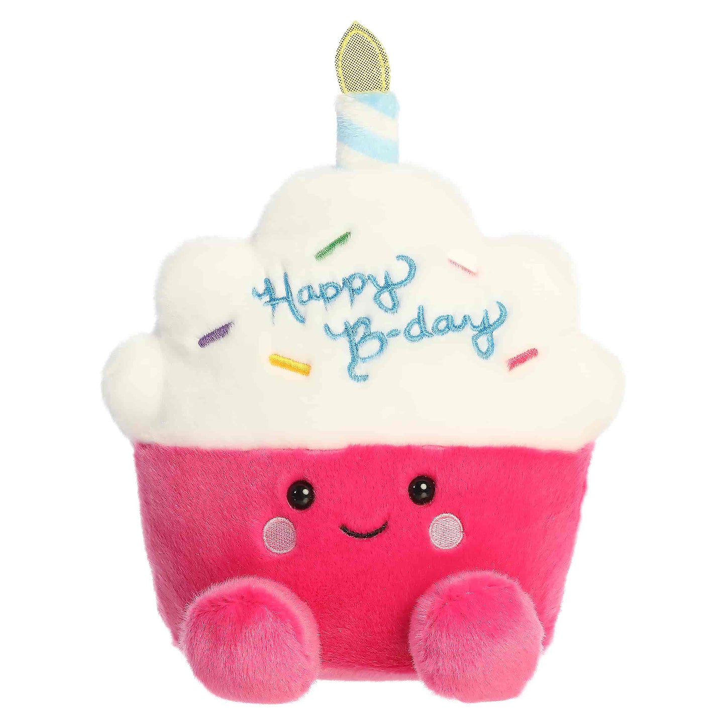 Palm Pals Party-Sized Sparkle Birthday Cupcake plush featuring a bright pink base, white frosting, embroidered sprinkles, and a birthday candle.