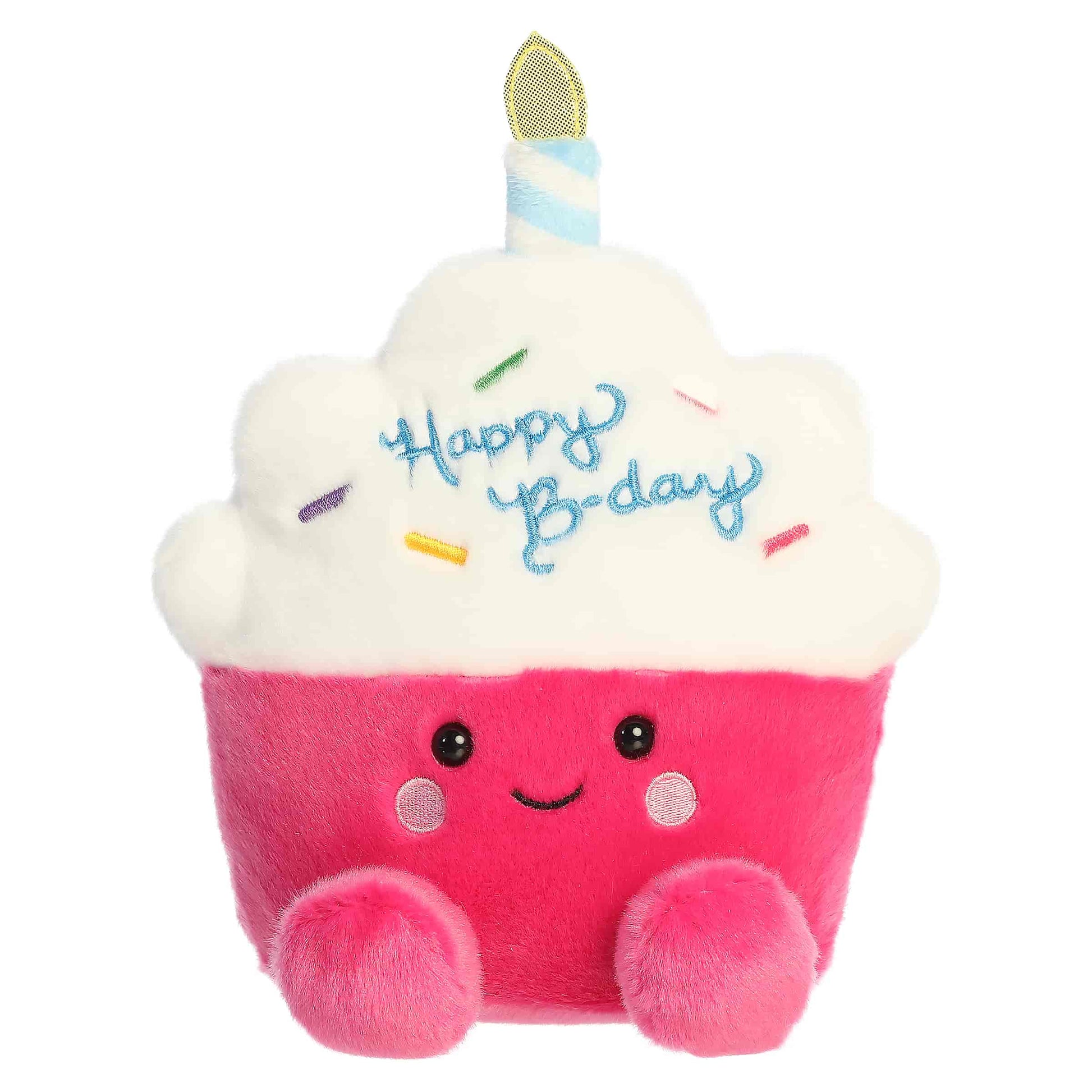 Palm Pals Party-Sized Sparkle Birthday Cupcake plush featuring a bright pink base, white frosting, embroidered sprinkles, and a birthday candle.
