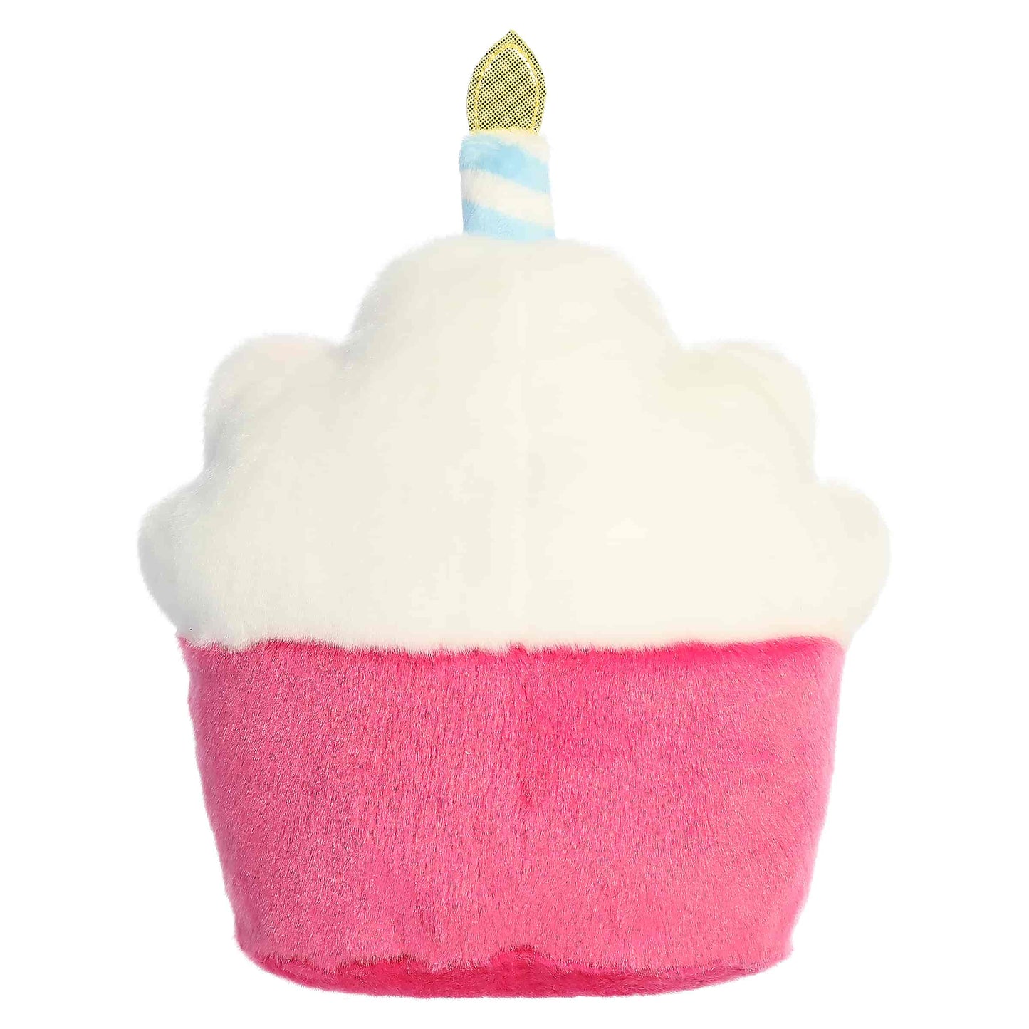 Palm Pals Party-Sized Sparkle Birthday Cupcake plush featuring a bright pink base, white frosting, embroidered sprinkles, and a birthday candle.