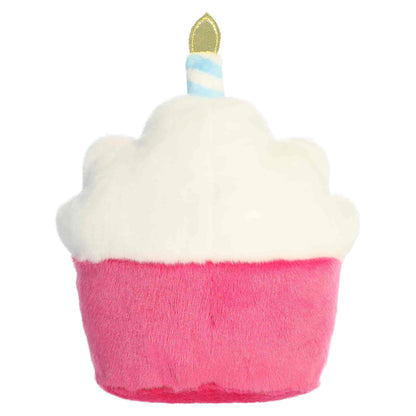 Palm Pals Party-Sized Sparkle Birthday Cupcake plush featuring a bright pink base, white frosting, embroidered sprinkles, and a birthday candle.