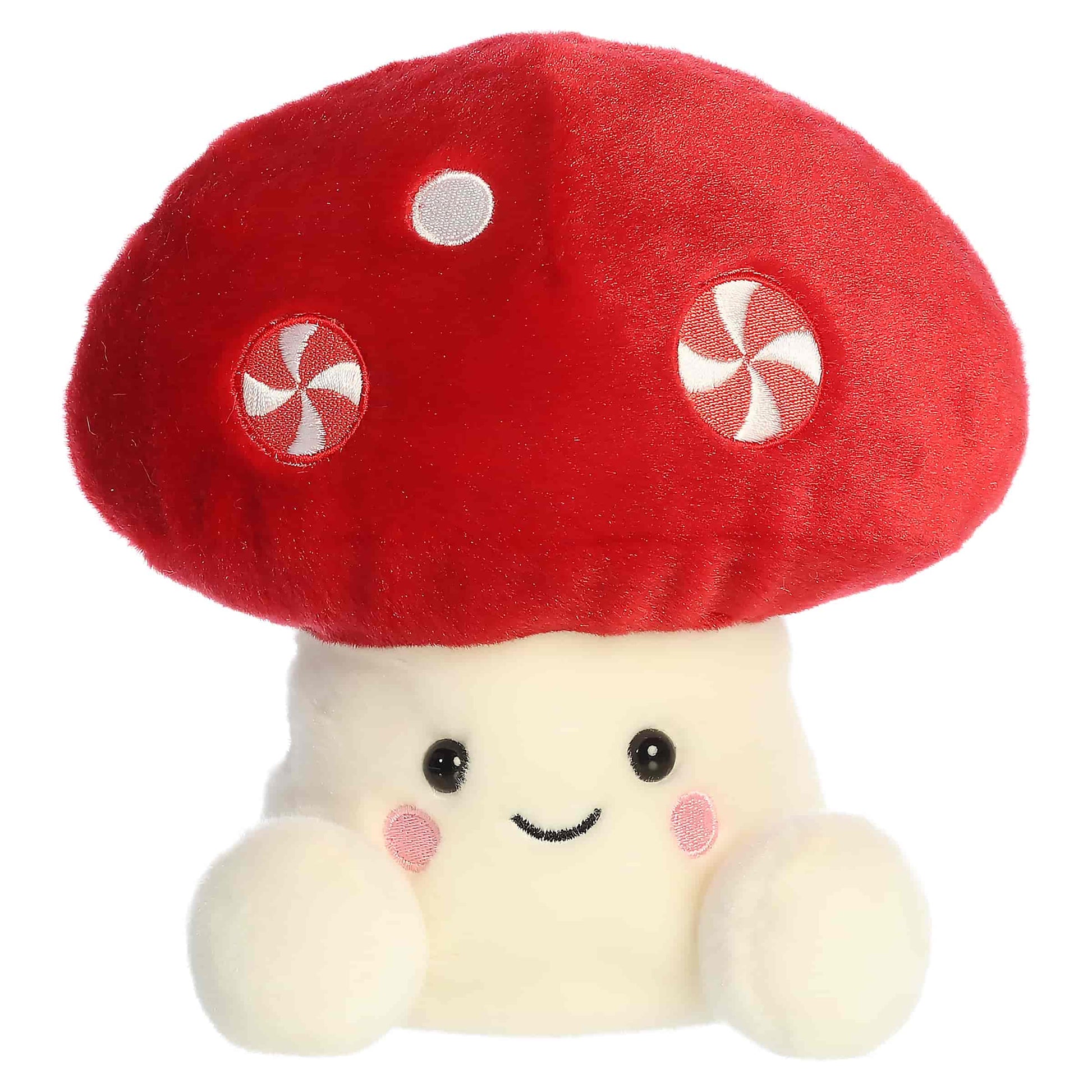 Party Sized Palm Pals Tim Peppermint Mushroom plush featuring a red mushroom cap with embroidered peppermint candy swirls, a cream stalk, and rosy cheeks.