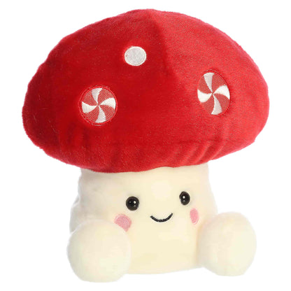 Party Sized Palm Pals Tim Peppermint Mushroom plush featuring a red mushroom cap with embroidered peppermint candy swirls, a cream stalk, and rosy cheeks.