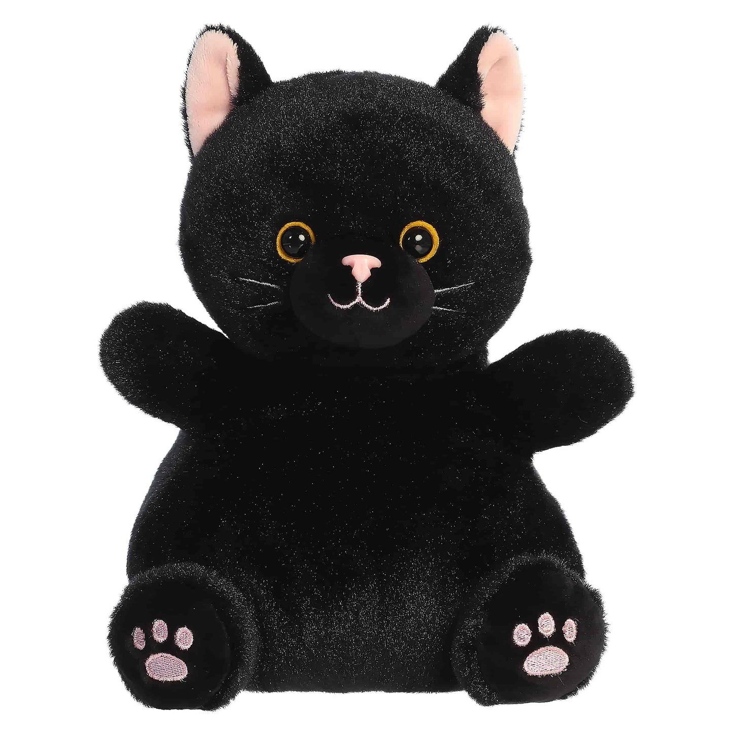 Palm Pals Party-Sized Twilight Black Cat 8-inch plush featuring sleek black fur, bright yellow eyes, and pink embroidered paws.