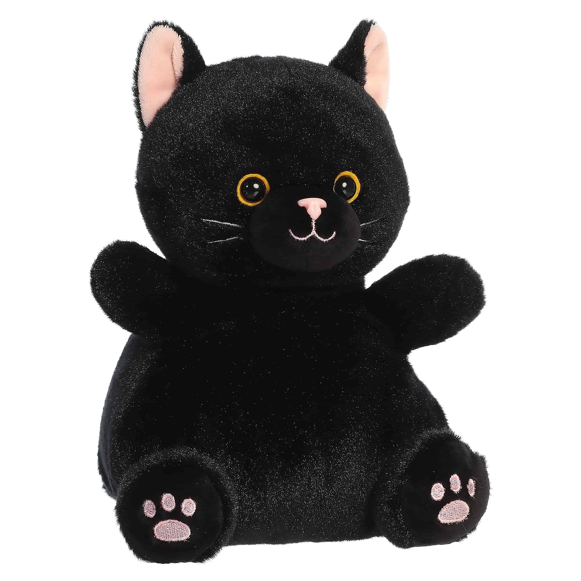 Palm Pals Party-Sized Twilight Black Cat 8-inch plush featuring sleek black fur, bright yellow eyes, and pink embroidered paws.