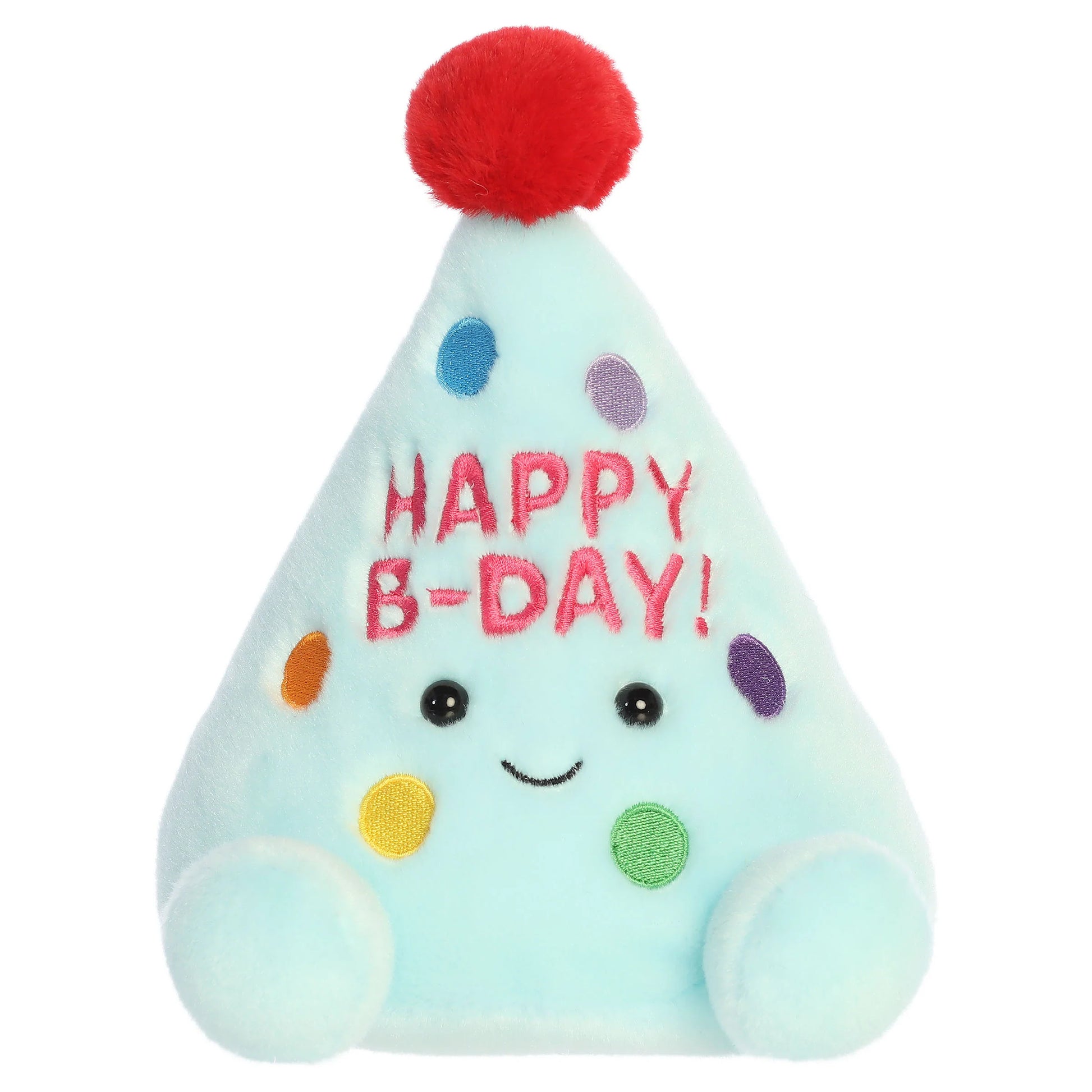 Palm Pals Party-Sized Viva Party Hat plush toy with light blue fur, vibrant polka dots, a red pom-pom, and Happy B-Day embroidery