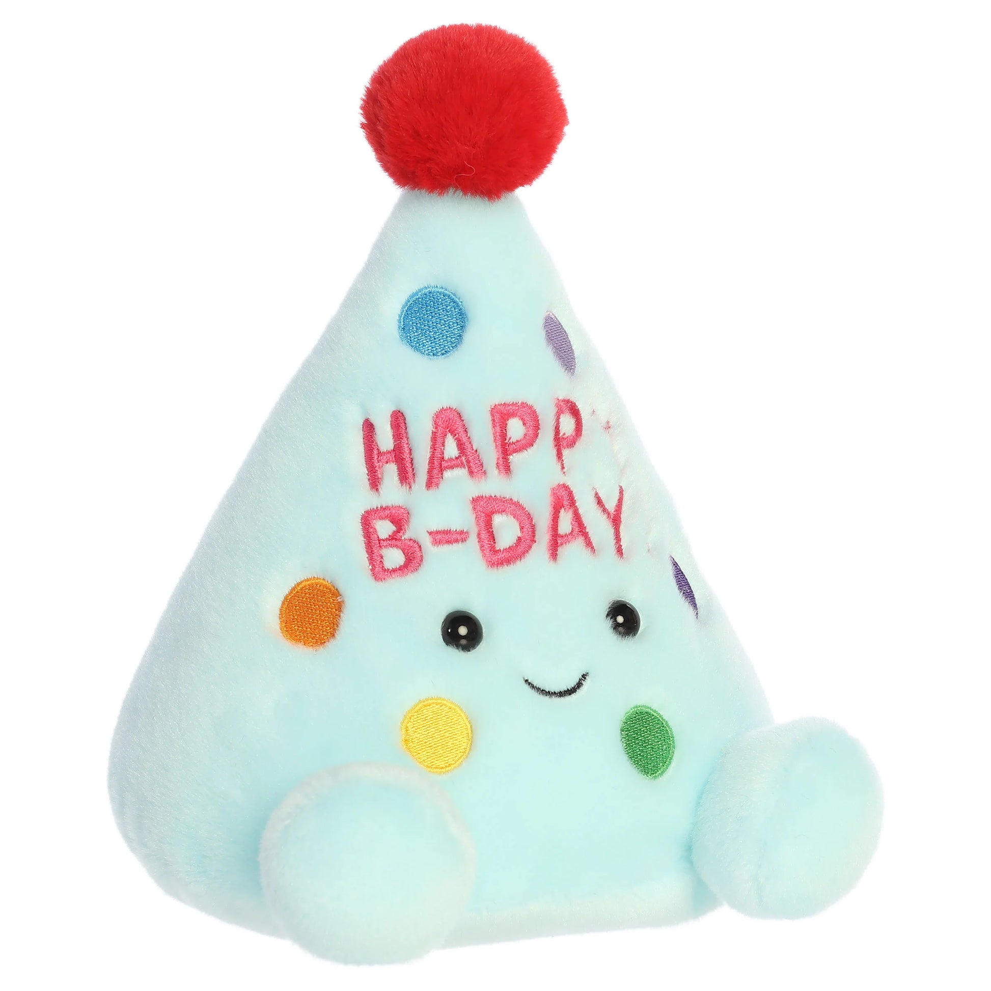 Palm Pals Party-Sized Viva Party Hat plush toy with light blue fur, vibrant polka dots, a red pom-pom, and Happy B-Day embroidery