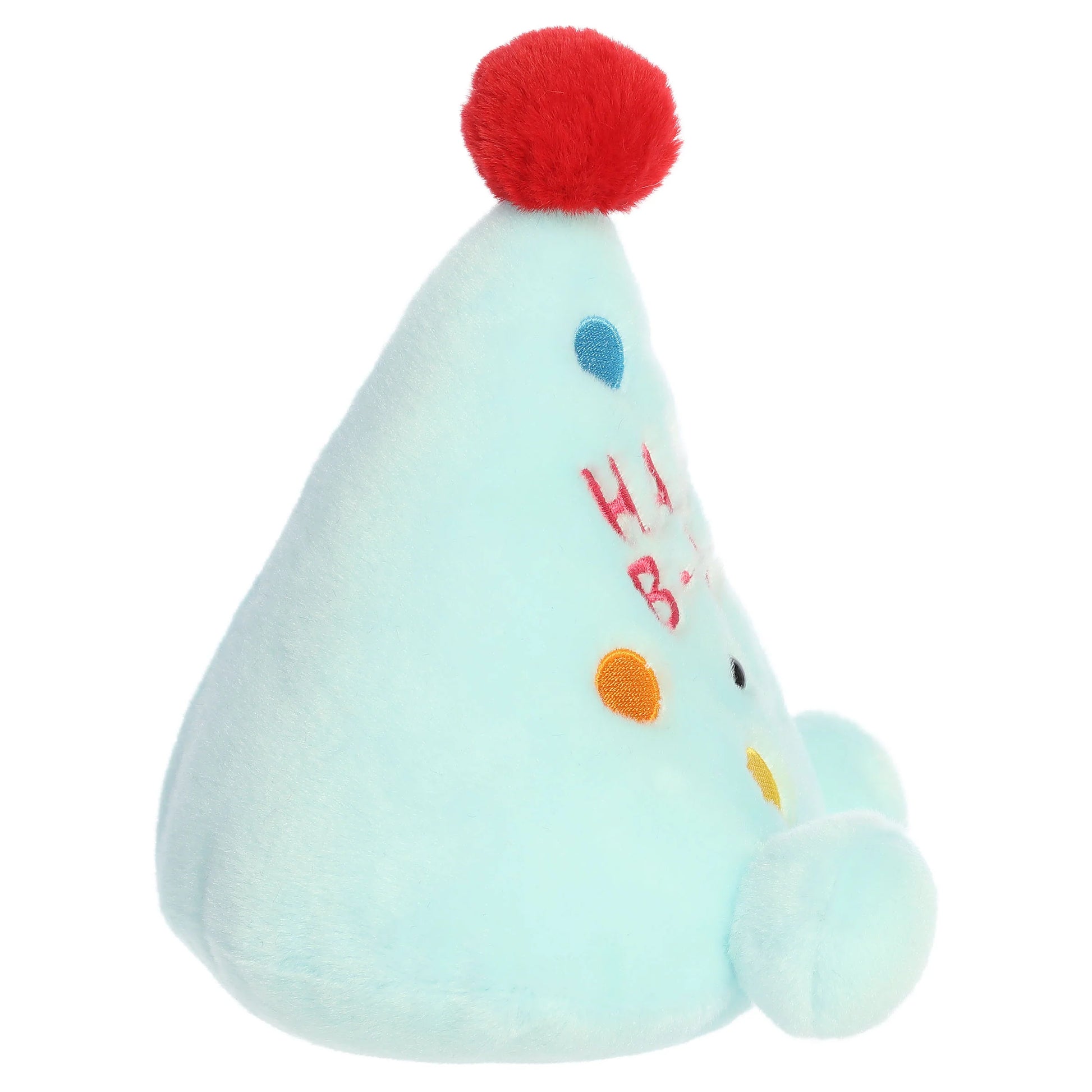 Palm Pals Party-Sized Viva Party Hat plush toy with light blue fur, vibrant polka dots, a red pom-pom, and Happy B-Day embroidery