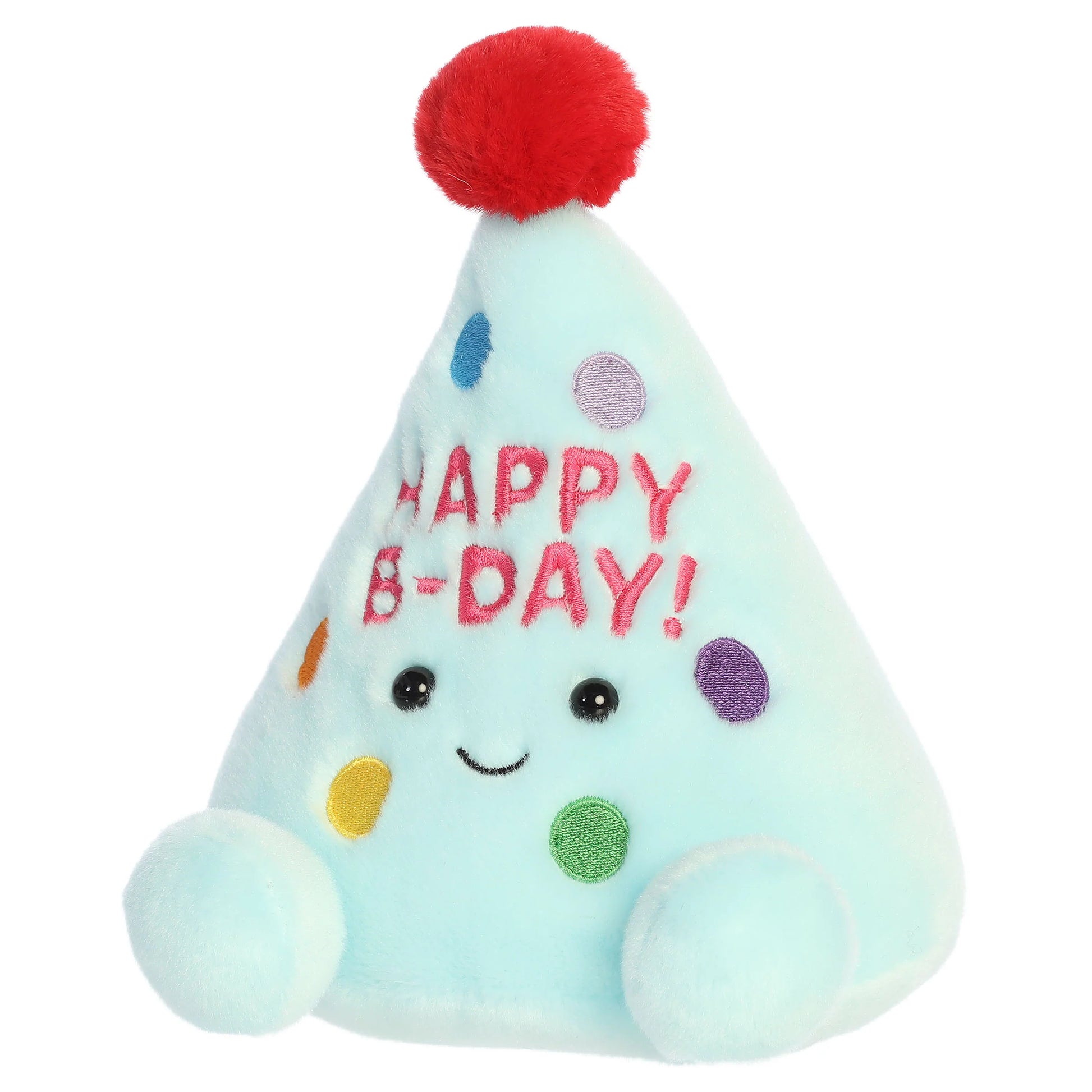 Palm Pals Party-Sized Viva Party Hat plush toy with light blue fur, vibrant polka dots, a red pom-pom, and Happy B-Day embroidery