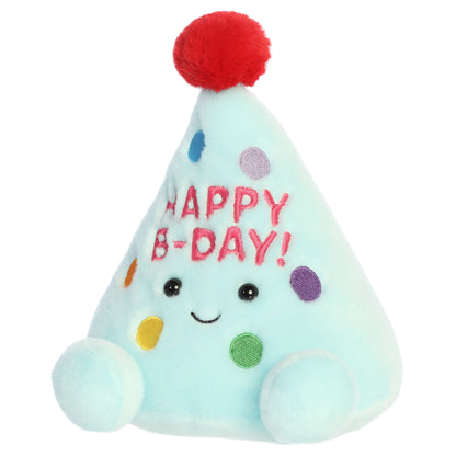 Palm Pals Party-Sized Viva Party Hat plush toy with light blue fur, vibrant polka dots, a red pom-pom, and Happy B-Day embroidery