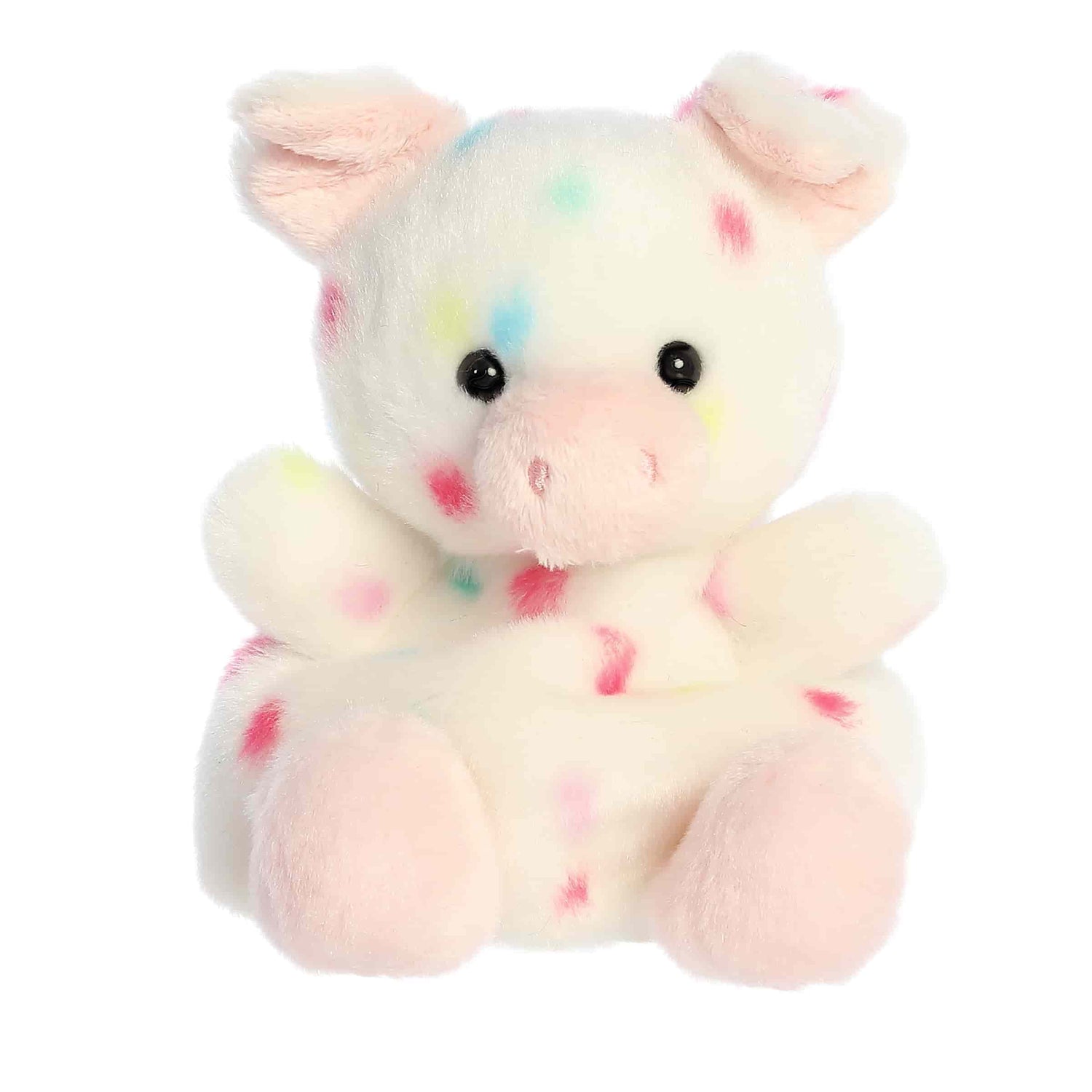 A product photo of the Palm Pals Patsy Funfetti Pig 5-Inch Plush, a white stuffed pig with colorful confetti spots and a pink snout, sitting on a white background.