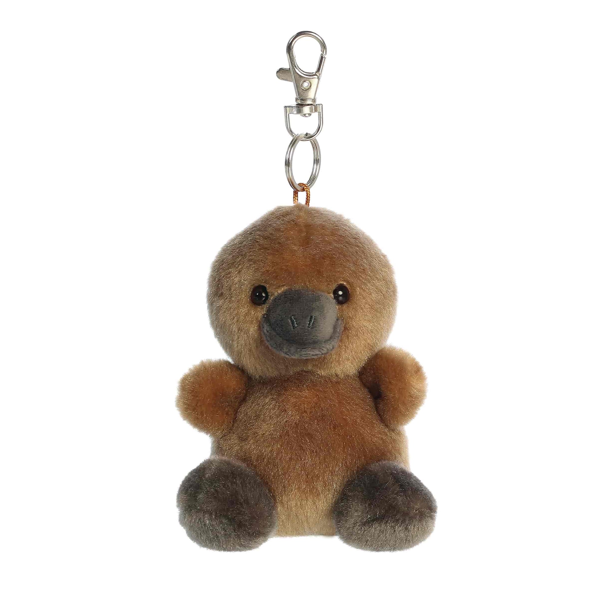 Palm Pals Patty Platypus 4-inch clip-on plush soft toy, a brown platypus with dark webbed feet attached to a clip.