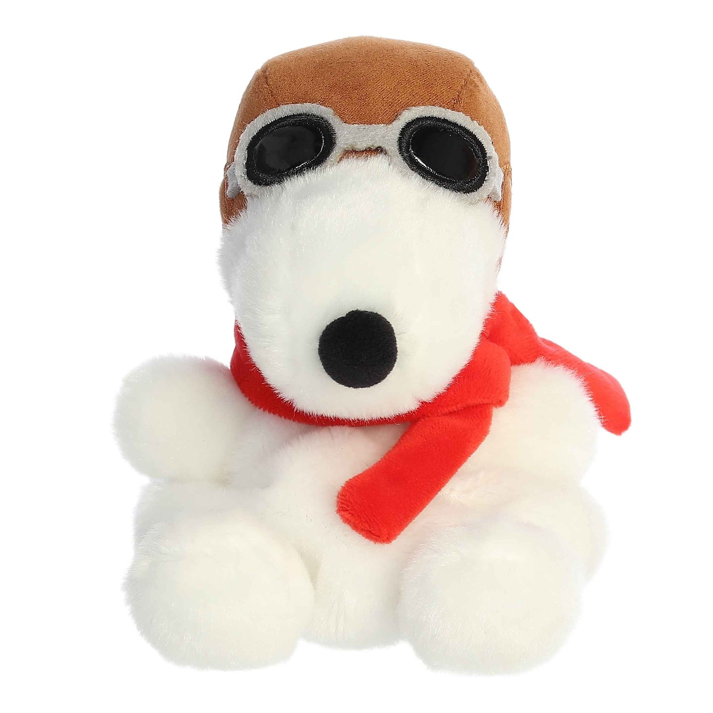 Palm Pals Peanuts Flying Ace Snoopy 5-inch plush soft toy, wearing a brown aviator hat, goggles, and a red scarf.