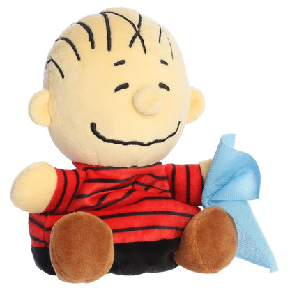 Palm Pals Peanuts Linus mini plush featuring his red and black striped shirt, brown shorts, and light blue security blanket.