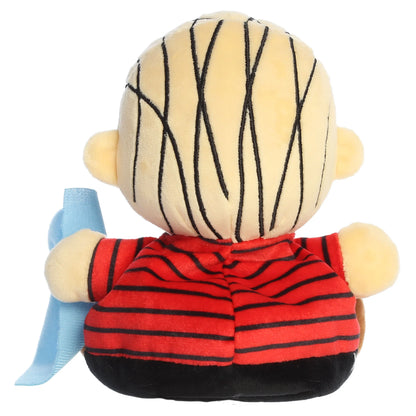 Palm Pals Peanuts Linus mini plush featuring his red and black striped shirt, brown shorts, and light blue security blanket.