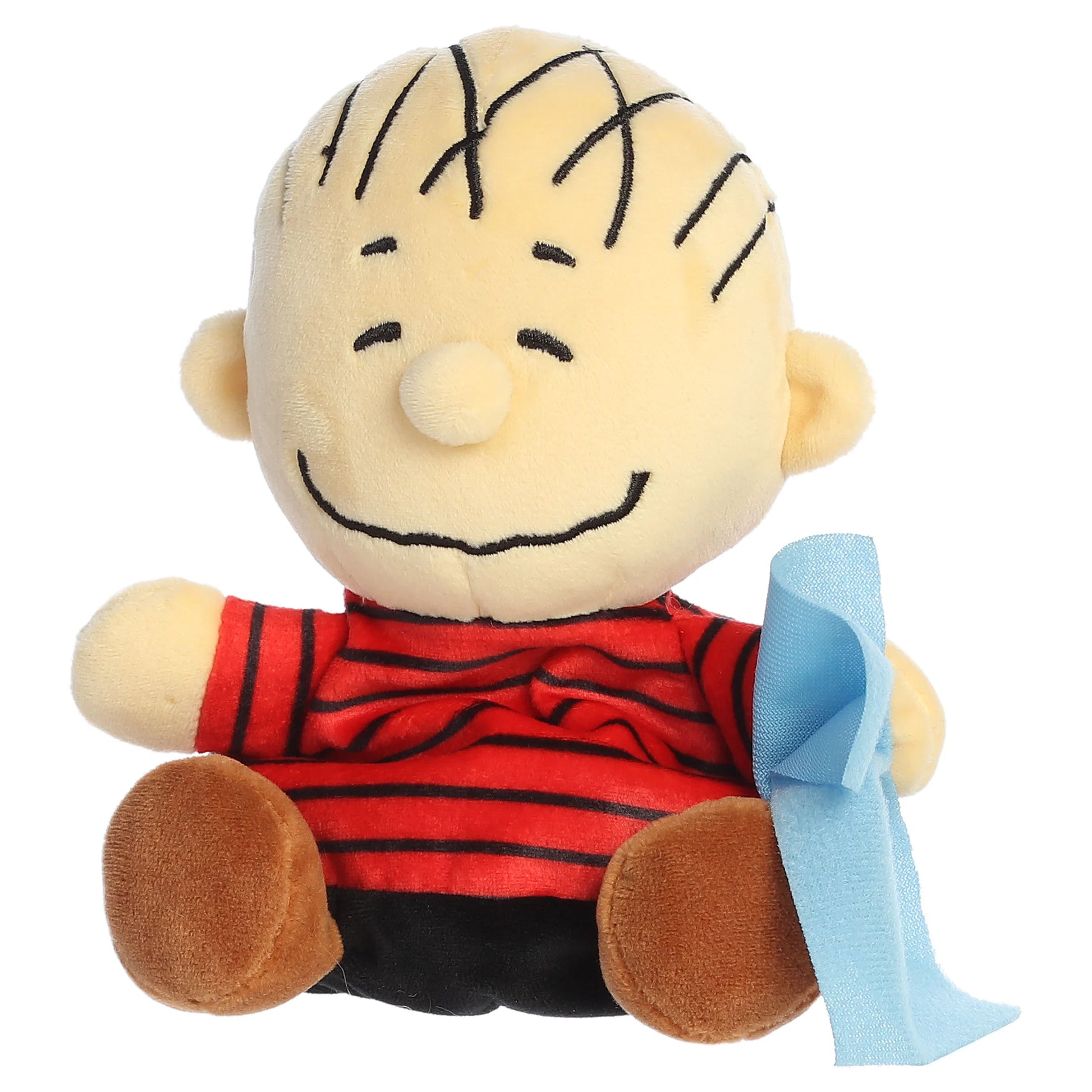 Palm Pals Peanuts Linus mini plush featuring his red and black striped shirt, brown shorts, and light blue security blanket.