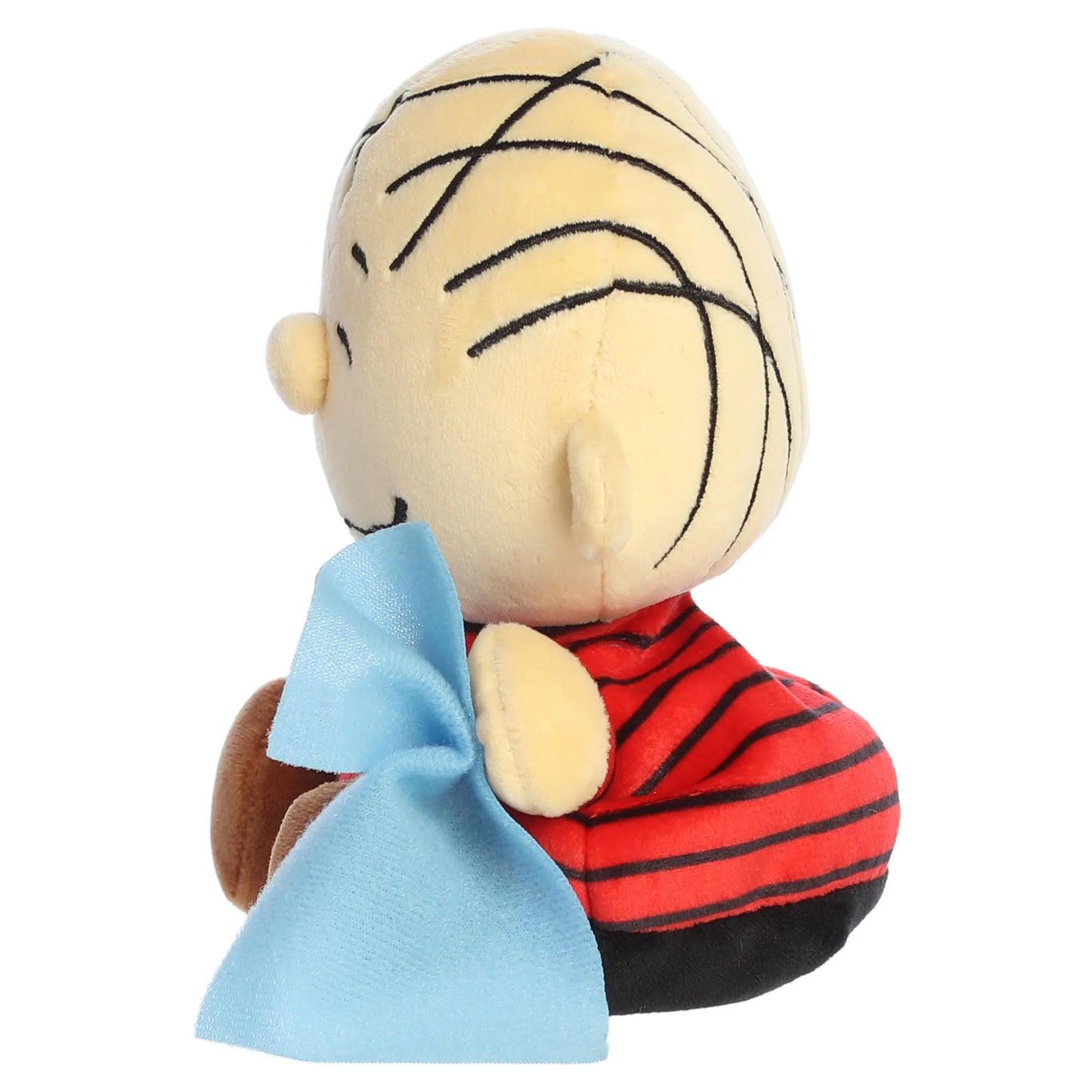 Palm Pals Peanuts Linus mini plush featuring his red and black striped shirt, brown shorts, and light blue security blanket.