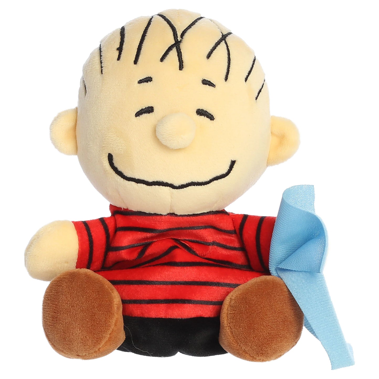 Palm Pals Peanuts Linus mini plush featuring his red and black striped shirt, brown shorts, and light blue security blanket.