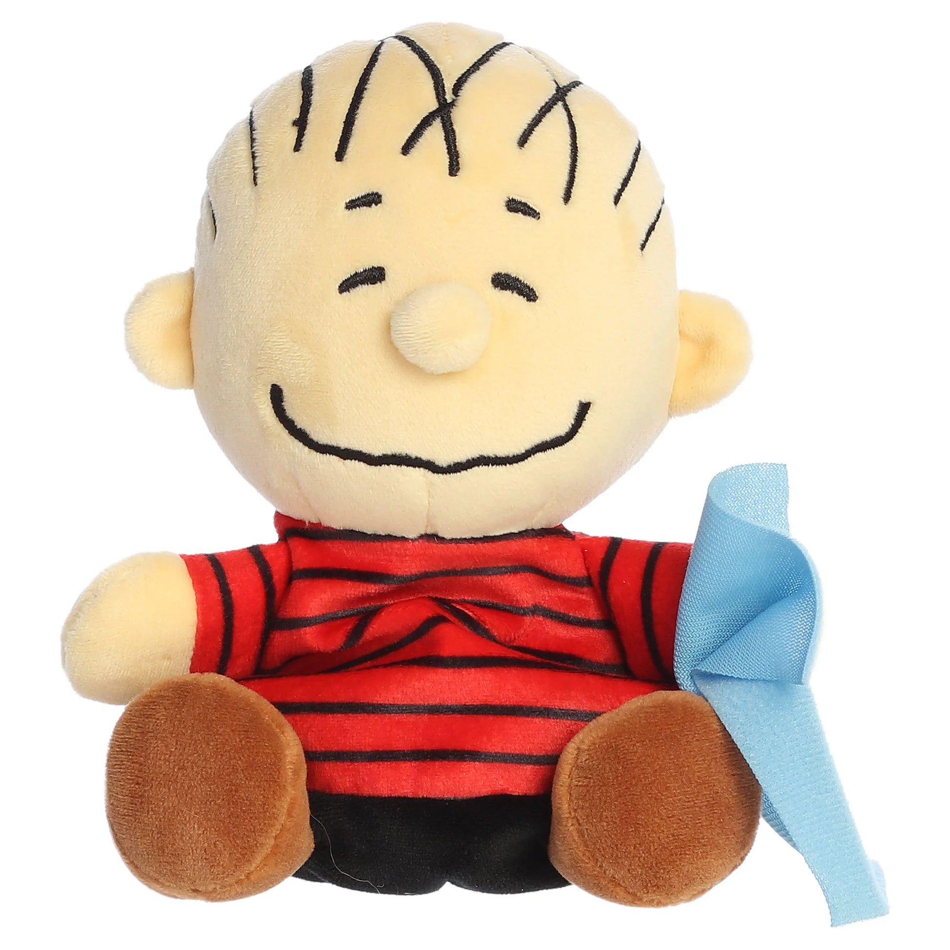 Palm Pals Peanuts Linus mini plush featuring his red and black striped shirt, brown shorts, and light blue security blanket.