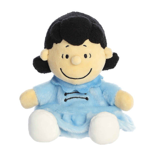 Palm Pals Peanuts Lucy 5-inch plush soft toy, wearing a blue dress with dark hair in a sitting pose.