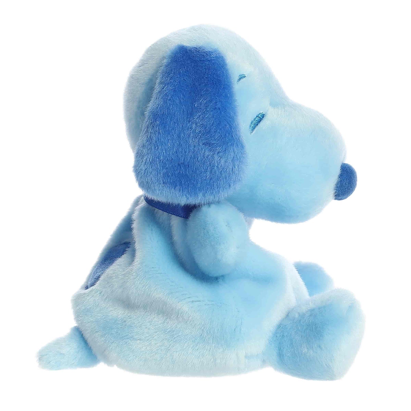 Side view of Palm Pals Peanuts Snoopy Color Collection Blue 5-inch plush soft toy