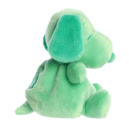 Side view of Palm Pals Peanuts Snoopy Color Collection Green 5-inch plush soft toy