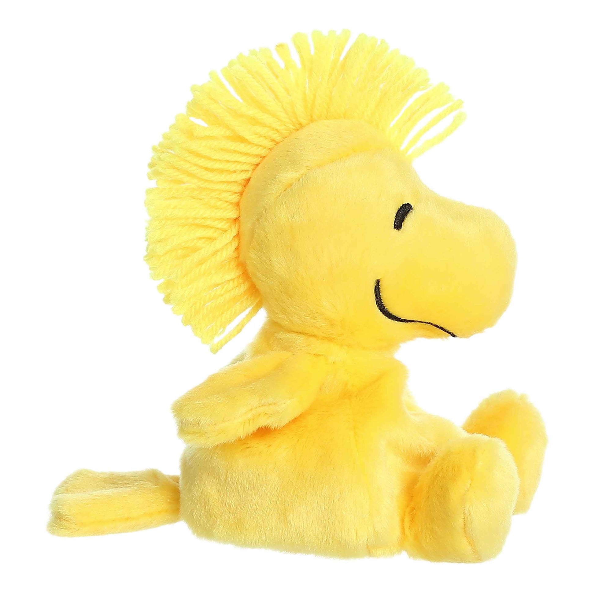 Palm Pals Peanuts Woodstock 5-inch plush, a bright yellow bird with spiky hair and smiling eyes.